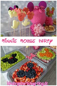 Minnie Mouse Party Essen Minnie Mouse Party Drinks, Minnie Mouse Appetizers, Minnie Mouse Birthday Snacks, Minnie Mouse Fruit Ideas, Minnie Mouse Themed Party Food, Minnie Mouse Fruit Tray, Minnie Mouse Party Snacks, Minnie Mouse Snack Ideas