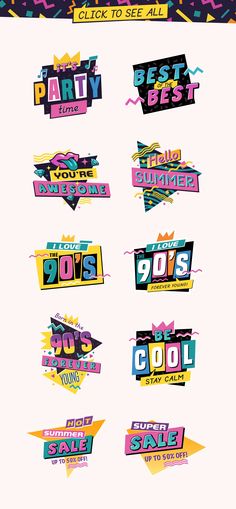 The 90's. Vector Graphic Set. 90s Graphic Design, 90s Logos, 90s Design, Ad Illustration, 90s Trends, Design Ad, 로고 디자인, The 90s, Fonts Design