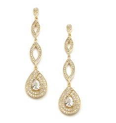 Gold Dangle Micro Pave CZ Earrings These breathtaking wholesale dangle earrings with intricate cz pave and genuine 14KT Gold plating, have the elegant look of high-end genuine diamond jewelry! Measuring 2 3/8" h and crafted in a super lightweight silhouette, these gold earrings are just the right length to deliver a dramatic wedding day look with the bonus of day into night comfort! Prom Jewelry Earrings, Mother Of Groom, Gold Earrings Wedding, Gold Bridal Earrings, Prom Earrings, Bridal Fashion Jewelry, Bridesmaid Jewelry Sets, Heart Earrings Studs, Rose Gold Earrings