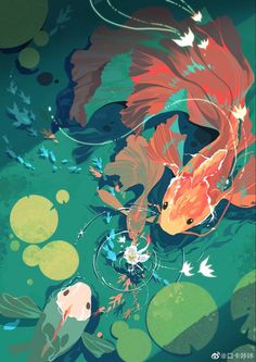 two goldfish swimming in a pond surrounded by lily pads