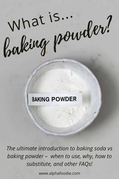 baking powder in a bowl with the words baking powder on it and an ad for baking powder