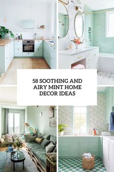 some green and white decor in the kitchen, living room, dining room and bedroom