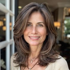 Get The Look: 45 Medium-Length Hairstyles Women Over 50 Are Raving About Jennifer Aniston Hair Layers Medium, Longer Layers, Side Part Face Framing Layers, Meg Ryan Long Hairstyles, Mid Length Hairstyles For Women Over 50, Long Hair 50 Year Old Women Brown, Salma Hayek Grey Hair, Jennifer Aniston Feathered Hair, Indian Hair Cuts