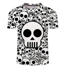 a white shirt with black and white skulls all over the front, on top of it