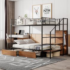 a bunk bed sitting on top of a wooden floor next to a desk and chair