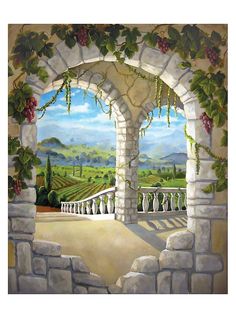 a painting of an archway with vines growing on the wall and in the background is a vineyard