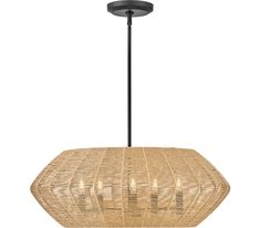 the light fixture is made from woven material and has a black metal frame, which matches with