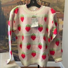 Strawberry Print Knit Sweater Brand New One Size Cute And Very Soft Smoke Free Environment Casual One Size Spring Sweater, One Size Soft Knit Sweater For Spring, One Size Knitted Sweater For Spring, One Size Textured Knit Sweater For Spring, Spring Textured Knit Sweater One Size, Strawberry Milk Sweater, Strawberry Jumper, Pink Strawberry Print Crew Neck Top, Cute Strawberry Sweater