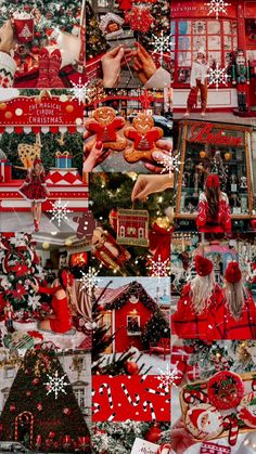 a collage of red and white pictures with snowflakes, christmas trees, gingerbreads, cookies