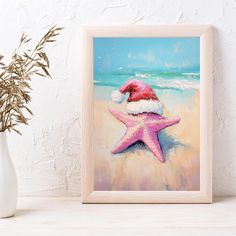 a painting of a starfish with a santa hat on it's head sitting in front of a white vase