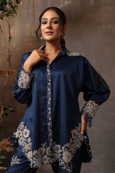 Dark blue shirt with thread embroidery in floral applique cutwork border. Paired with cutwork border embroidered narrow pant. - Aza Fashions Dark Blue Shirt, Applique Work, Thread Embroidery, Work Shirt, Silk Embroidery, Fashion App, Co Ord Set, Floral Applique, Cut Work