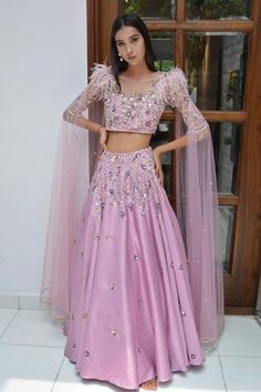 Shop for Parul Gandhi Label Purple Textured Jacquard Embroidered Lehenga Set for Women Online at Aza Fashions Square Neck Lehenga, Lilac Lehenga, Purple Drapes, Embroidery Square, Reception Bride, Party Reception, Add Sleeves, Embroidered Lehenga, Drape Sleeves