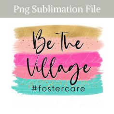 the text be the village postcard is shown in pink, blue and gold colors