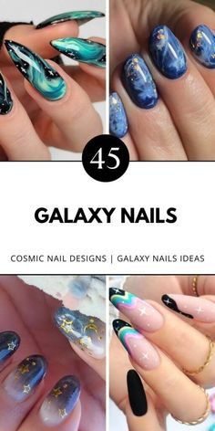 Get inspired with black and purple galaxy nails! Add a touch of cosmic art with designs that shine. Ideal for blue and pink themes. Save now for later! Nails In Black, Galaxy Black, Purple Galaxy, Black Nail Art