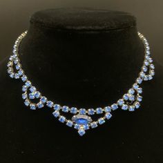 Vintage Blue Rhinestone High Quality Statement Necklace Main Stone; Marquis Blue **(Some Haze)** Other Stone; Round Chaton Blue Hook Clasp Royal Blue Crystal Jewelry For Party, Sapphire Necklace For Party, Blue Crystal Rhinestone Costume Necklace, Blue Stone Necklace For Formal Occasions, Formal Blue Necklace With Stones, Formal Blue Necklaces With Stones, Formal Blue Stone Necklace, Elegant Blue Necklace For Evening, Blue Crystal Rhinestone Necklace For Wedding