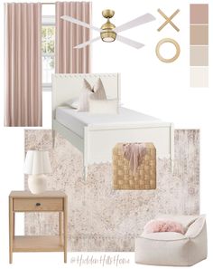 a bedroom with pink and gold accents