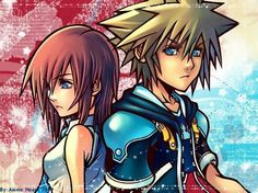 two anime characters standing next to each other in front of a red and blue background