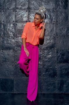 Neon Coral Sheer Shirt Magenta Pants Outfit, Coral Top Outfit, Magenta Pants, Bold Colors Outfits, Neon Pink Shirts, Pink Shirt Outfit, Room Clothes, Neon Pink Tops, Coral Outfit