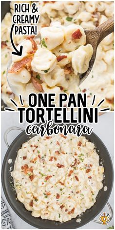 one pan tortelli casserole recipe with bacon and creamy pasta