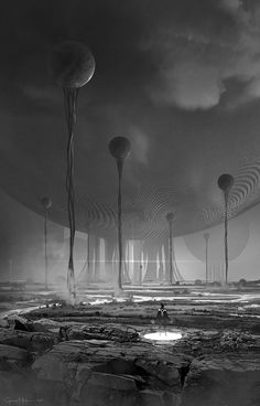 an alien city is shown in this black and white photo with lots of strange structures