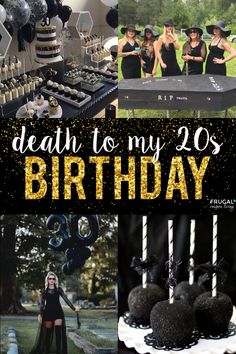 a birthday party with black and gold decorations