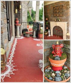 the front porch is decorated in red and white