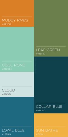 four different shades of blue, green and yellow with the words cloudy paws on them