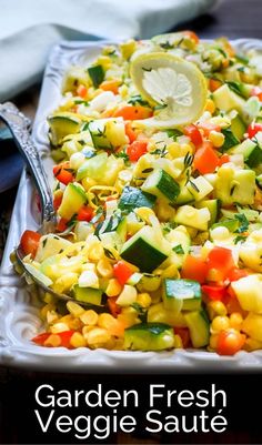 a platter of veggie saute. Summer Vegetable Medley, Corn Medley Recipe, Zucchini And Corn Recipes, Corn Medley, Corn Recipes Healthy, Confetti Corn, Succotash Recipe, Summer Side Dishes Recipes