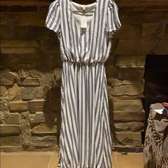 Tea Length Dress With Navy Stripe. Gather Mid-Waist. Built In White Slip Casual Maxi Dress With Fitted Waist For Spring, Casual Spring Maxi Dress With Fitted Waist, Casual Spring Dresses With Banded Waist, Casual Spring Dress With Banded Waist, Casual Dress With Banded Waist For Spring, Casual Short Sleeve Lined Maxi Dress, Ulla Johnson Dress, Tea Length Dress, Wrap Front Dress