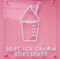 a neon sign that says soft ice cream and desserts