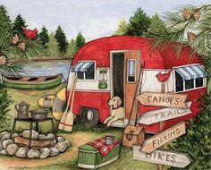 a painting of a camper trailer parked next to a lake with canoes and signs pointing in different directions