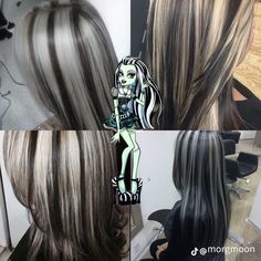 Silver Streaks In Black Hair, Skunk Hair Black And White, 2000s Skunk Highlights, Black And White Skunk Hair, Alt Bleached Hair, Blonde W Brown Highlights, Blonde And Black Hair Ideas, Emo Hair Dye Ideas, White Streak Hair