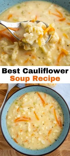 two pictures of soup with carrots and cauliflower in a blue bowl on a wooden table