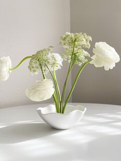 three white flowers in a vase on a table