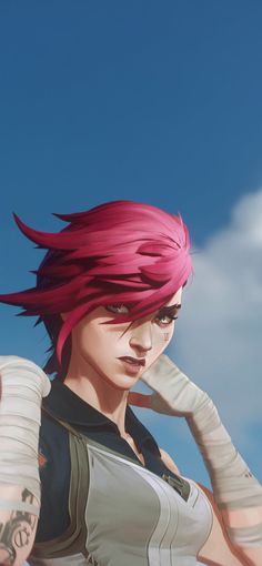 a woman with pink hair standing in front of a blue sky and clouds, looking at the camera