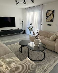 a living room filled with furniture and a flat screen tv mounted to the side of a wall