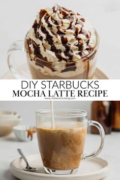 two pictures with different types of drinks in them and the words diy starbucks's mocha latte recipe