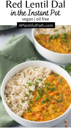 two white bowls filled with red lentil dal in the instant pot