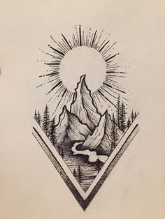 a drawing of mountains and trees with the sun in the sky above them on paper