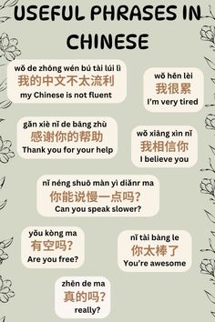 a poster with some chinese words and flowers on it's side, which says useful phrases in chinese