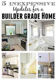 the inside of a kitchen with white cabinets and appliances