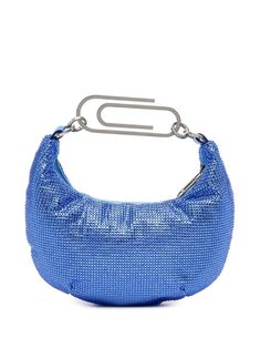 cobalt blue crystal embellishment internal logo patch main compartment top zip fastening signature paperclip detail Off White Bag, Cute Mini Backpacks, White Shoulder Bags, White Shoulder Bag, Chic Leather, Bags Logo, Orange Bag, Crystal Embellishment, Evening Clutch Bag