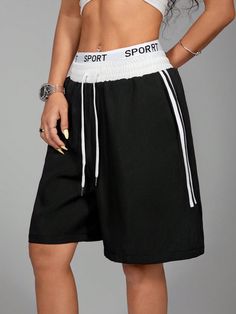 Women's Casual Sports Striped Patchwork Shortspants, Streetwear Black Casual   Woven Fabric Colorblock,Letter Straight Leg Non-Stretch  Women Clothing, size features are:Bust: ,Length: ,Sleeve Length: Sporty Shorts, Women Shorts, Trendy Street Style, Shorts Casual, Striped Shorts, Women Clothing, Color Block, Womens Bottoms, Casual Women