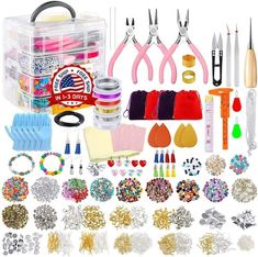 the contents of a crafting kit including scissors, beads and other items are shown