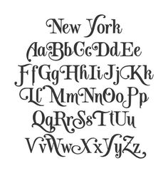 the new york alphabet is shown in black ink on a white background, with an ornate capital