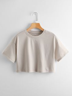 Caqui Casual Collar Manga Curta Poliéster Simples  Embellished Elasticidade Baixa Verão Tops, blusas e camisetas para Mulheres Satin Blouse Outfit, Plain Crop Tops, Drop Shoulder Tee, Plain Blouse, Sleeve Fashion, Suit Designs, Women T Shirts