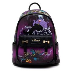 This LIMITED EDITION beautiful mini backpack features the Ursulathe Sea Witch from Disney's Little Mermaidin beautiful simulated pebble grain leather. Ursula is depicted on the front of the bag no doubt planing some evil against Ariel with her minions Flotsam and Jetsam close by on the frontpocket. On the back of the bag we see a close up full face view of Ursula. The side pouches have Trident crests on them and the whole bag is covered with Tridents and Nautilus shells. The bag has fabric strap Disney Mini Backpack, Disney Prints, Cute Backpacks, Disney Merchandise, Cute Bags, Mini Fashion