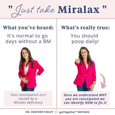 @drheatherfinley posted to Instagram: Imagine life without having to take Miralax everyday for constipation... 💩 Because its totally possible!⁣⁣⁣⁣⁣ We are told "just take miralax" all too often, and shoved out the doctor's door with little to no guidance besides that... What you REALLY need is clarity on what's actually causing your constipation - not a bandaid fix that will leave you nervous to leave your house. When you know the underlying issue(s) contributing to your constipation No Guidance, Stomach Bug, When You Know, Fix It, You Really