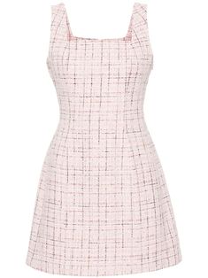 light pink cotton blend tweed bouclé construction square neck sleeveless thin shoulder straps fitted waistline straight hem full lining concealed rear zip fastening Dress Armor, Pink Tweed Dress, Tweed Mini Dress, Maje Dress, Cute Homecoming Dresses, Mini Dress Pink, Chanel Dress, Pink Tweed, City Dress