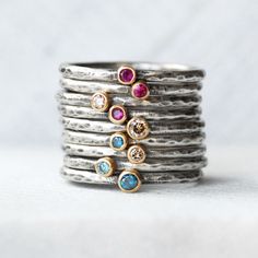 Gemstone or Diamond Stacking Ring - 2.5mm Gemstone 18k Yellow Gold and Sterling Silver by LilianGinebra on Etsy https://www.etsy.com/listing/228425809/gemstone-or-diamond-stacking-ring-25mm Fine Jewelry Hand Forged Stackable Rings, Hammered Diamond Promise Ring, Fine Jewelry Hand Forged Stackable Rings For Anniversary, Hand Forged Fine Jewelry Stackable Rings For Anniversary, Diamond Hammered Rings As Gift, Hammered Diamond Ring As Gift, Hammered Diamond Rings As Gift, Hammered Diamond Ring For Gift, Hammered Yellow Gold Stackable Rings In Sterling Silver